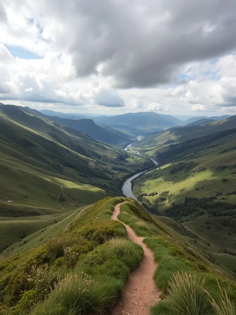 A scenic view of the Comtal, Lot et Truyère area with a trail winding through it, emphasizing the exploration aspect of GTR.