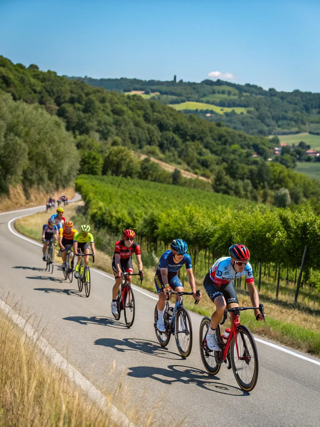 Cyclists riding through a picturesque countryside during a Gages Trail Running cycling event, highlighting the group's diverse outdoor activities.