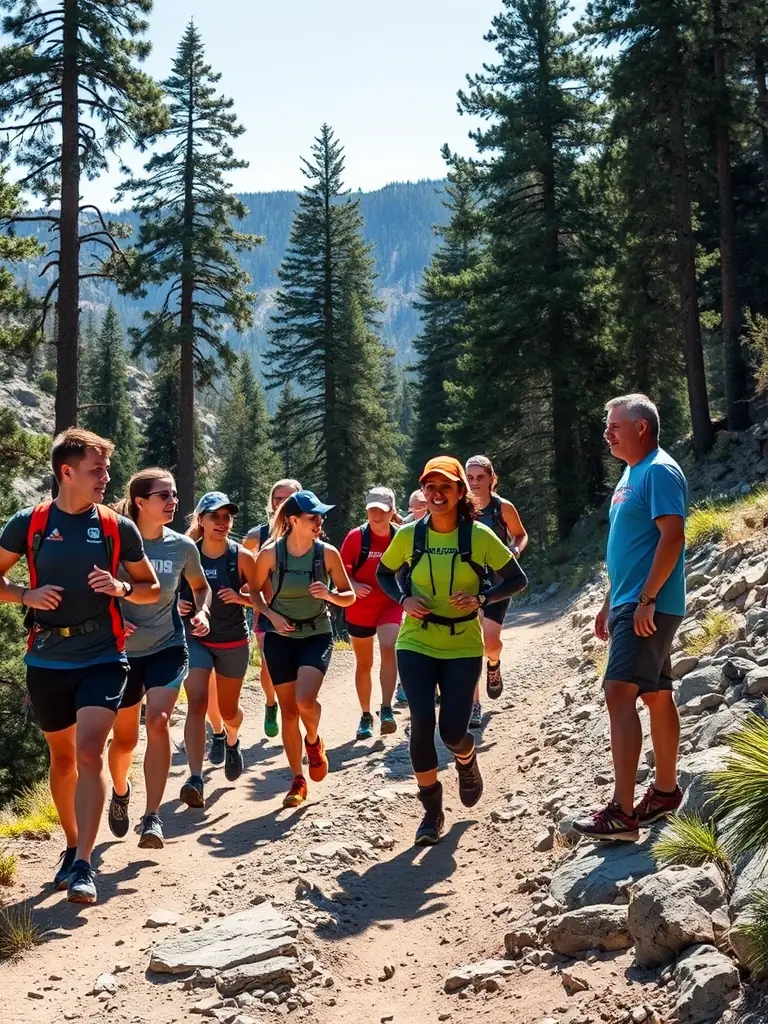A group of trail runners ascending a steep, rocky path during a Gages Trail Running event, showcasing the challenge and camaraderie of the sport.