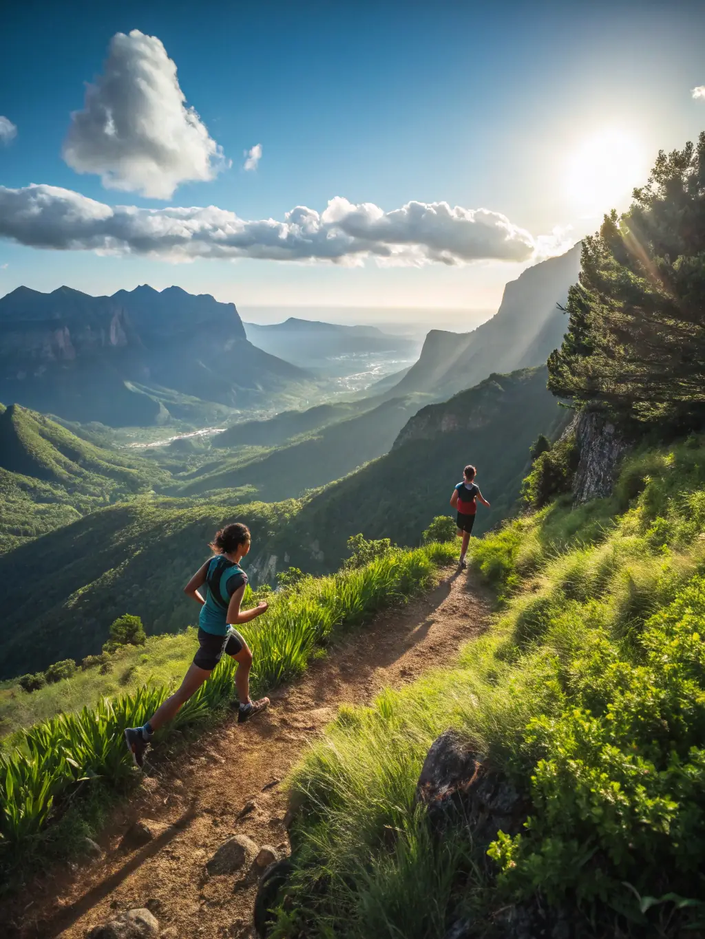 A group of diverse runners smiling and running together on a scenic trail, showcasing the community aspect of GTR.