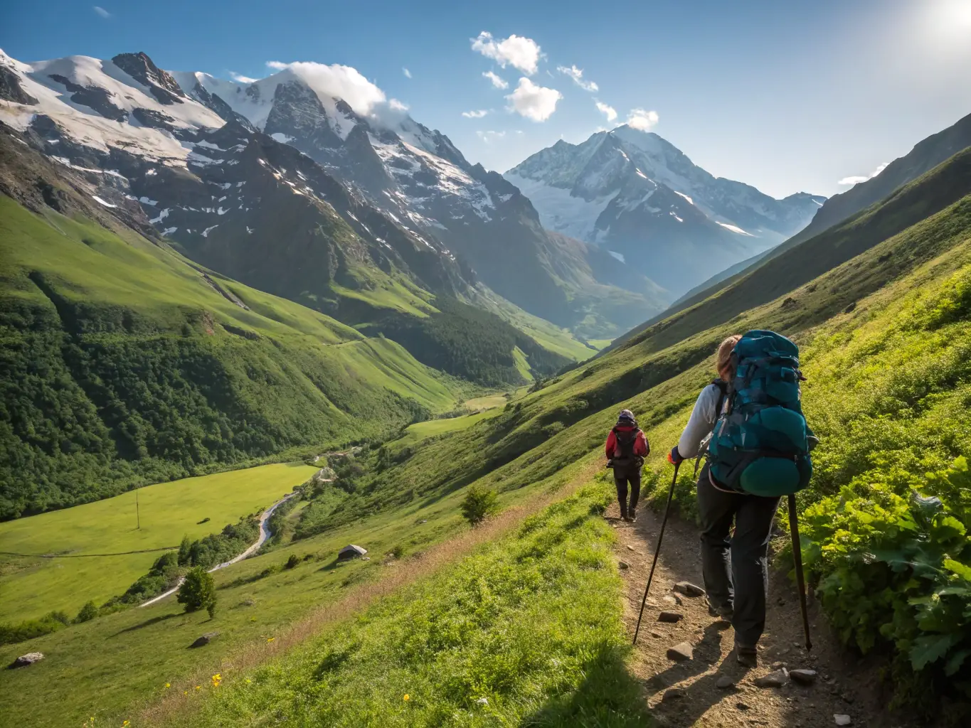 A group of hikers ascending a scenic mountain trail, with backpacks and hiking poles, capturing the challenge and reward of hiking in the region.
