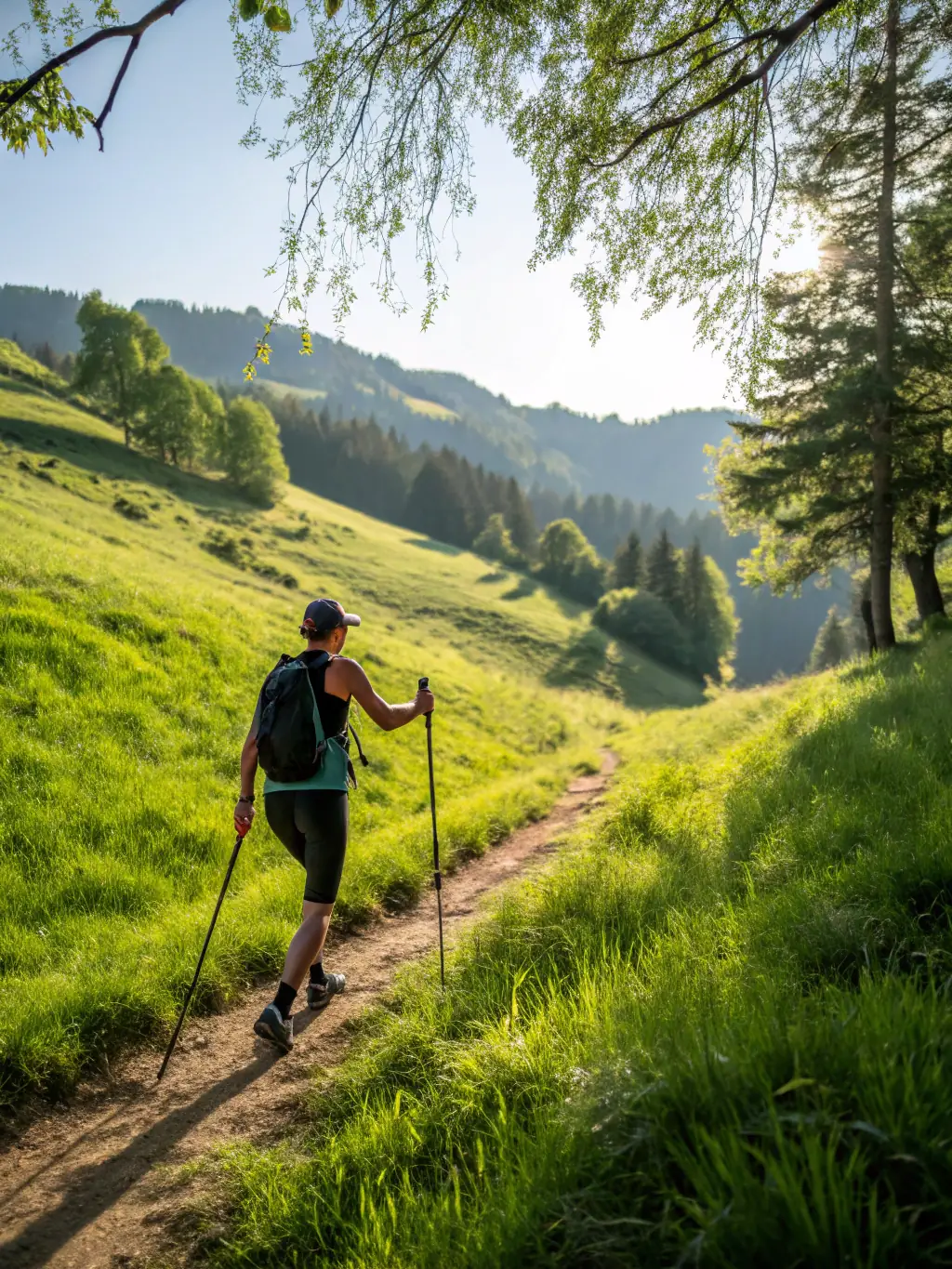 A person looking strong and healthy running uphill on a trail, representing the fitness benefits of trail running with GTR.