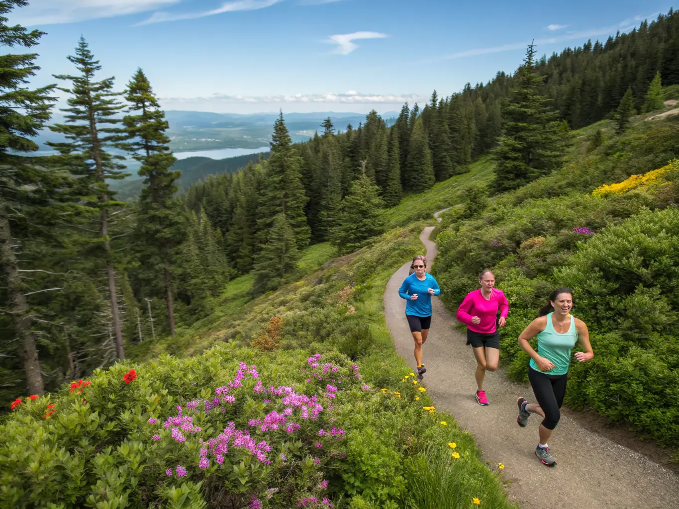 A group of runners participating in a trail running session through a lush forest, sunlight filtering through the trees, showcasing the joy and camaraderie of the activity.
